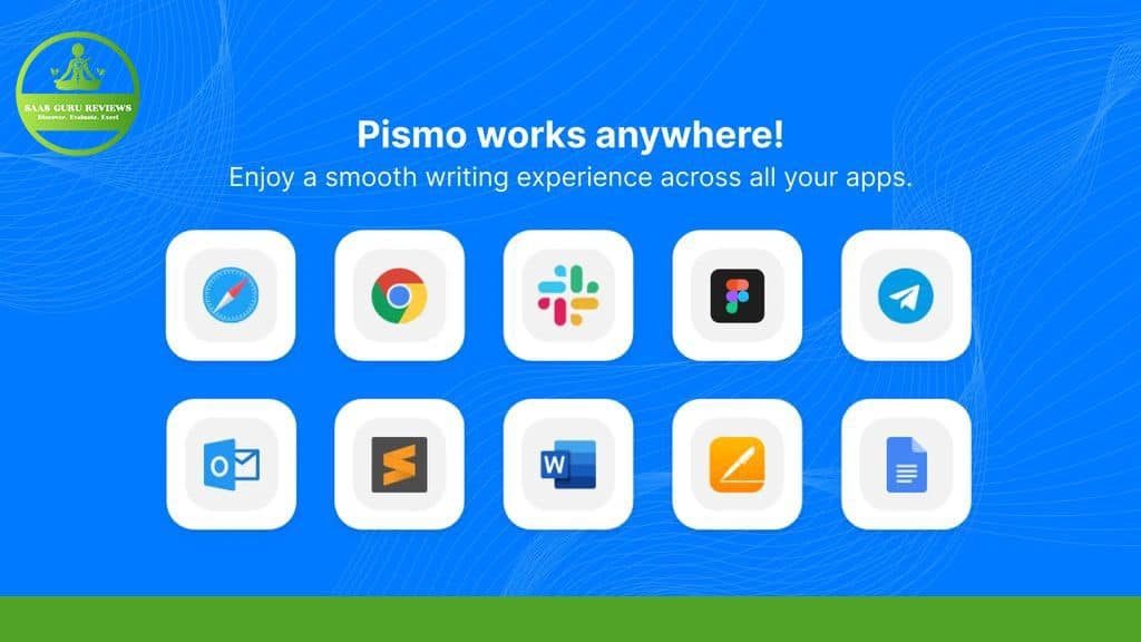Image displaying various app icons with the text, "Pismo AI works anywhere! Enjoy a smooth writing experience across all your apps." The apps shown include Safari, Chrome, Slack, Figma, Telegram, Outlook, Sublime Text, Word, and an unidentified app. Writing efficiency at its finest.