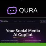 Screenshot of the Qura AI webpage showing its logo and tagline, "Your Social Media AI Copilot." A prominent green circle in the top left corner displays the "RAA QUR Reviews" text and logo. Designed to drive engagement across platforms like LinkedIn and YouTube, it’s your comprehensive social media tool.