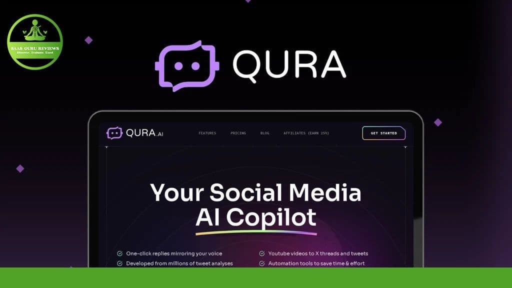 Screenshot of the Qura AI webpage showing its logo and tagline, "Your Social Media AI Copilot." A prominent green circle in the top left corner displays the "RAA QUR Reviews" text and logo. Designed to drive engagement across platforms like LinkedIn and YouTube, it’s your comprehensive social media tool.