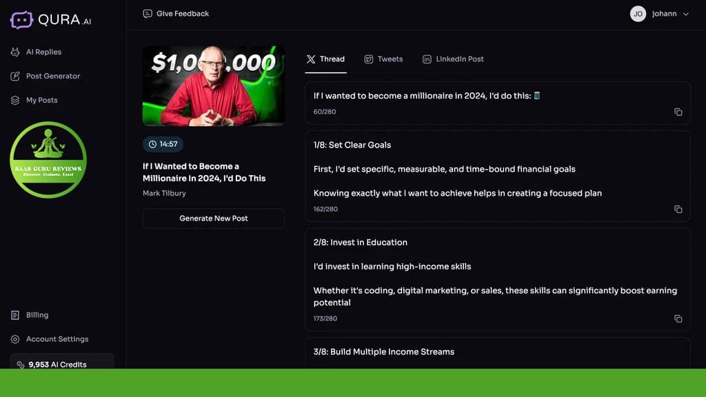 Screenshot of a QURA AI interface showing a post titled "If I wanted to become a millionaire in 2024, I'd do this" with a list of steps including setting goals, investing in education, and building income streams. This Qura 100% approach leverages AI for YouTube for strategic growth and multifaceted success.