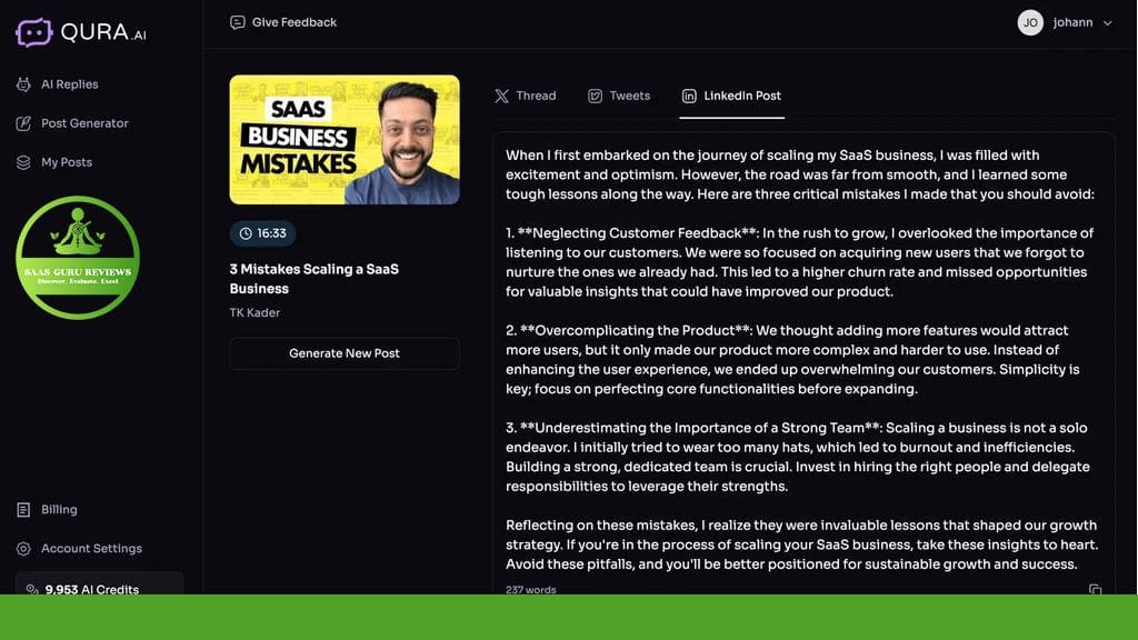A screenshot from the Qura.ai platform displays a user interface with options for feedback, posts, and general navigation. On display is a video titled "3 Mistakes Scaling a SaaS Business" by TK Kader, showcasing Qura's AI for LinkedIn capabilities.