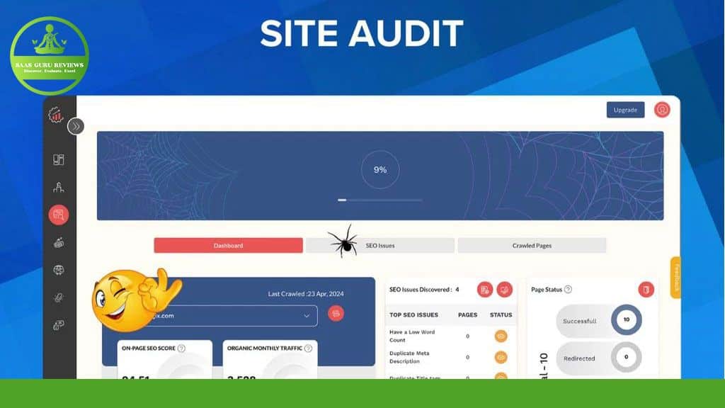 A Ranklytics 2024 site audit webpage shows progress at 9%, featuring dashboard sections, SEO issues, and crawled pages. Icons on the left are complemented by a spider graphic and a smiling emoji, highlighting its efficiency as an SEO tool. Check out reviews on Capterra for more insights!