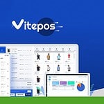 A promotional image of VitePos showcases a retail point-of-sale system with various device screens displaying interface elements. The logo and name "VitePos" are centered on a blue background, highlighting its capability to seamlessly integrate with both local & online stores through the WooCommerce POS Plugin.