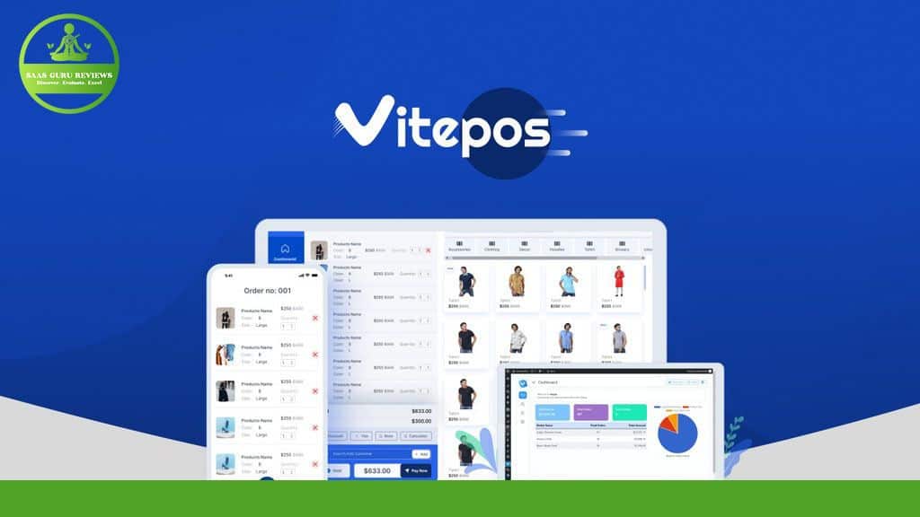 A promotional image of VitePos showcases a retail point-of-sale system with various device screens displaying interface elements. The logo and name "VitePos" are centered on a blue background, highlighting its capability to seamlessly integrate with both local & online stores through the WooCommerce POS Plugin.