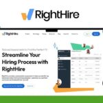 Screenshot of the RightHire 2024 website showcasing its advanced employment solution features, including hiring assessments and background checks. The slogan highlights streamlining the hiring process, accompanied by images of people interacting with the interface.