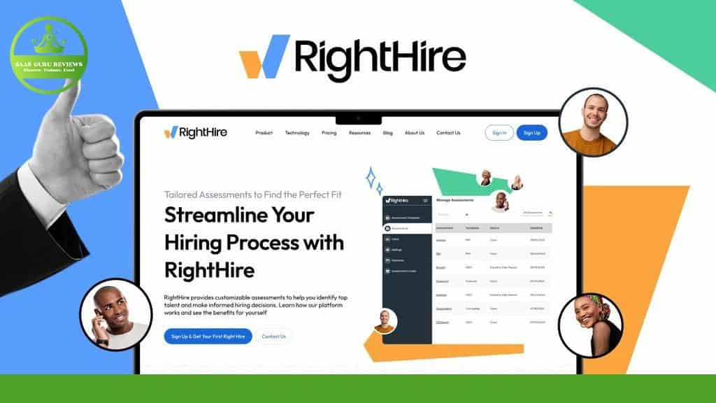 Screenshot of the RightHire 2024 website showcasing its advanced employment solution features, including hiring assessments and background checks. The slogan highlights streamlining the hiring process, accompanied by images of people interacting with the interface.