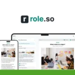 The image showcases the Role.so interface on a laptop, tablet, and smartphone screen. The displays feature collaborative workspaces and discussions about company uniqueness. The Maas Guide Reviews logo is present, highlighting an exclusive deal for seamless candidate outreach.