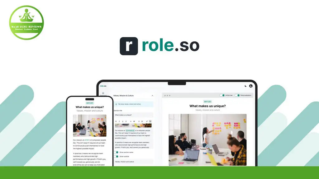 The image showcases the Role.so interface on a laptop, tablet, and smartphone screen. The displays feature collaborative workspaces and discussions about company uniqueness. The Maas Guide Reviews logo is present, highlighting an exclusive deal for seamless candidate outreach.