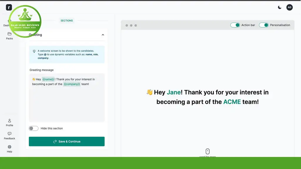 Screenshot of a desktop interface on Role.so showing a greeting message editor. The message reads: "Hey {Name}! Thank you for your interest in becoming part of the {Company} team!" and the preview shows sample output, perfect for personalized candidate outreach.
