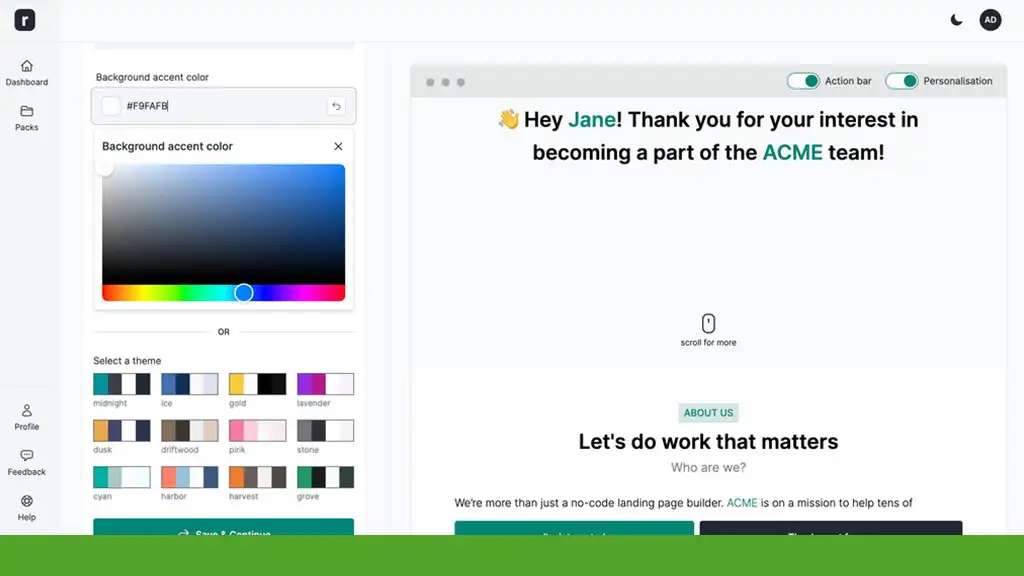 A screen displaying a customization page with color options on the left and a welcome message for Jane to join the ACME team on the right, seamlessly integrated through Role.so.