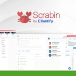 Screenshot of Scrabin by Clientify interface, showing a dashboard with user profiles and a chat window, overlaid with a green "Rias Oleh Reviews" badge. Perfect for LinkedIn Lead Generation in 2024.