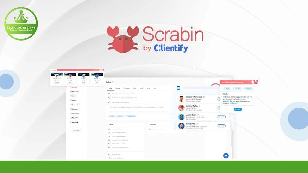 Screenshot of Scrabin by Clientify interface, showing a dashboard with user profiles and a chat window, overlaid with a green "Rias Oleh Reviews" badge. Perfect for LinkedIn Lead Generation in 2024.