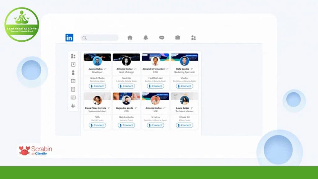 A LinkedIn page displaying several profiles with connection options. The top left contains the logo for "Scrab.in Classify," highlighting its function as a lead generation tool.
