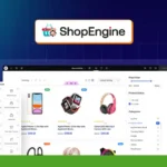 An image showing the ShopEngine interface, powered by the Elementor WooCommerce Builder, displaying various electronic products including smartphones, smartwatches, and headphones, with filters on the left sidebar.