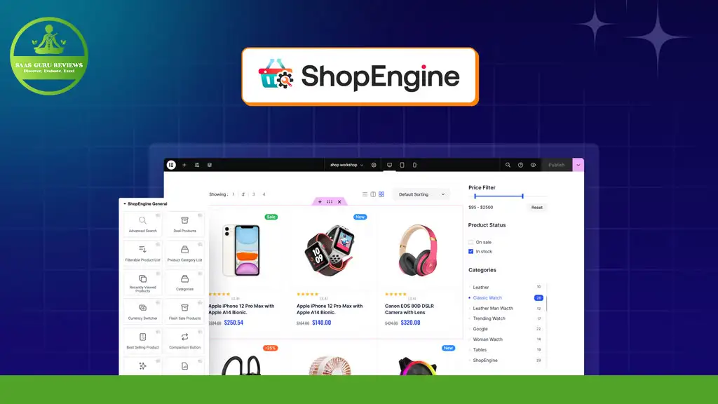 An image showing the ShopEngine interface, powered by the Elementor WooCommerce Builder, displaying various electronic products including smartphones, smartwatches, and headphones, with filters on the left sidebar.