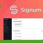 A screenshot of the Signum.AI website, an investor data platform, showcasing its dashboard with prospect details such as name, email, and revenue graph against an orange gradient background featuring the SaaS Guru Reviews logo.
