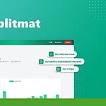 A screenshot of the Splitmat 2024 homepage displaying a report with 34 clicks from 2 countries, and options for no-code solution, automatic conversion tracking, and free trial.