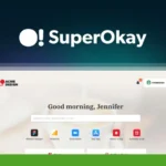 A computer screen displays the SuperOkay dashboard with a greeting message, "Good morning, Jennifer," and various app icons. The customizable client portal also features a logo of AAA USA Reviews in the top left corner.