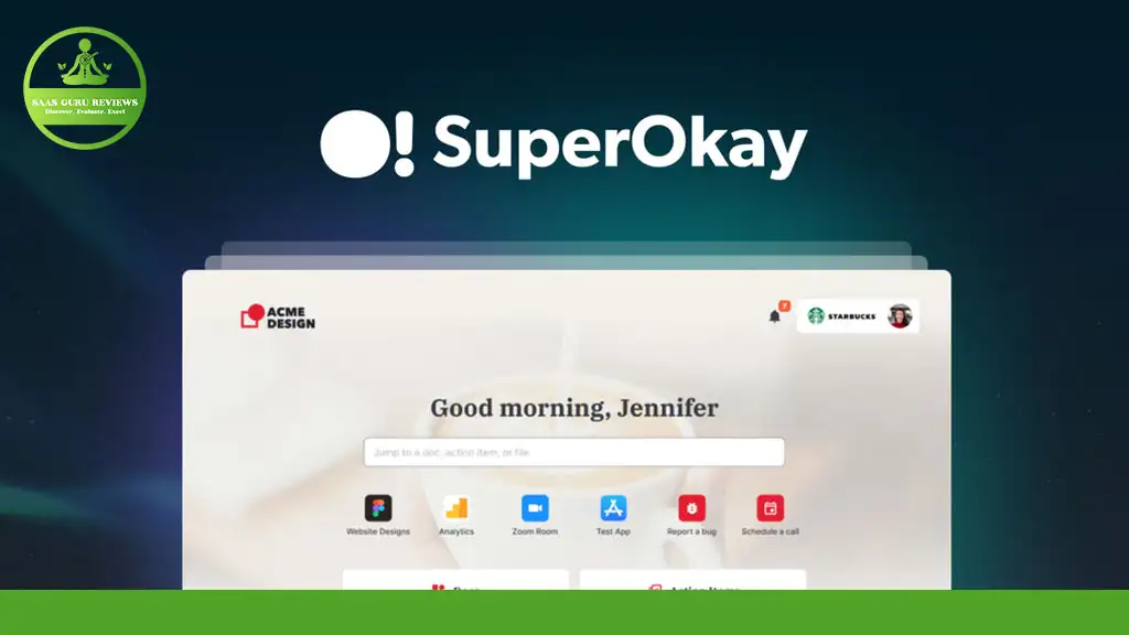 A computer screen displays the SuperOkay dashboard with a greeting message, "Good morning, Jennifer," and various app icons. The customizable client portal also features a logo of AAA USA Reviews in the top left corner.