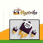 Illustration of a promotional image for Mystrika, featuring a tablet screen with three purple envelopes and a rocket icon. A green and white "Saas Guru Reviews" logo is visible in the corner, highlighting their Lifetime Deal on Cold Email Outreach services.