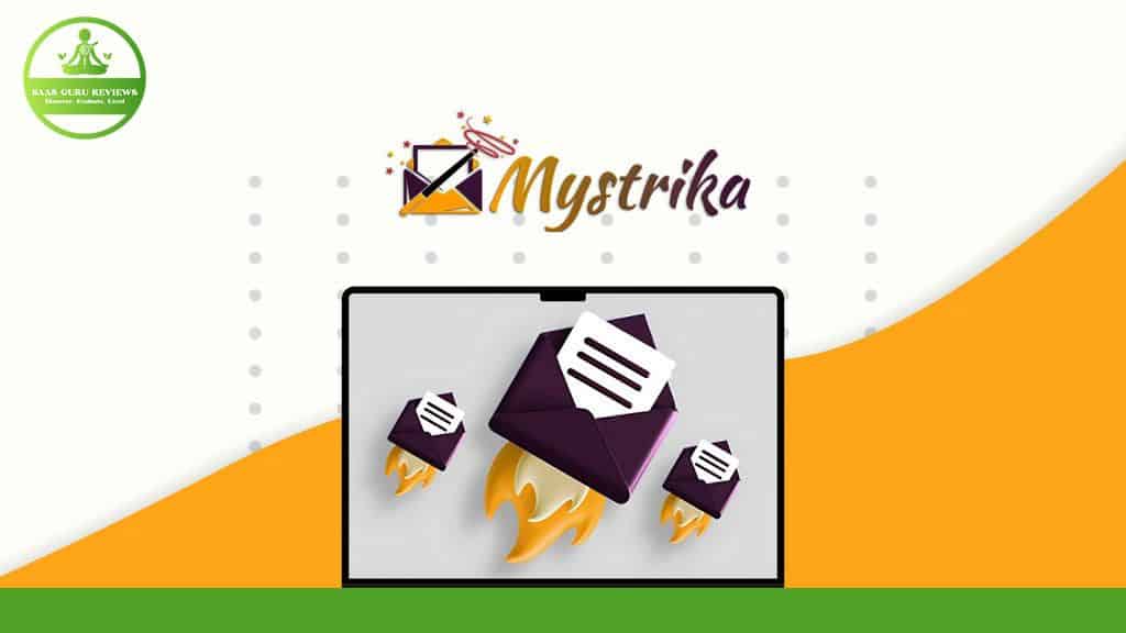 Illustration of a promotional image for Mystrika, featuring a tablet screen with three purple envelopes and a rocket icon. A green and white "Saas Guru Reviews" logo is visible in the corner, highlighting their Lifetime Deal on Cold Email Outreach services.