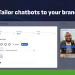 A screen displaying a chatbot customization interface, showcasing options for theme, floating button, and an image preview of the chatbot on a mobile device. The header reads "Transform Your Business: Tailor AI Chatbots to Your Brand.