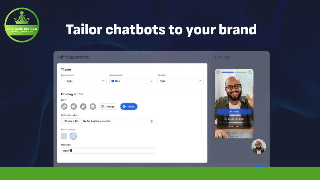 A screen displaying a chatbot customization interface, showcasing options for theme, floating button, and an image preview of the chatbot on a mobile device. The header reads "Transform Your Business: Tailor AI Chatbots to Your Brand.