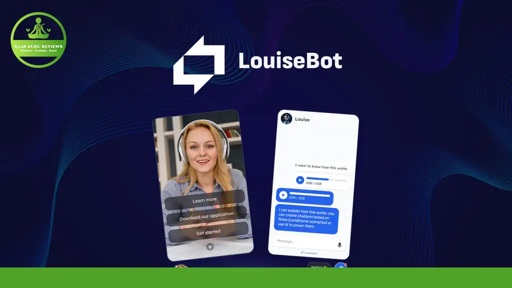 Promotional image of LouiseBot showcasing a video call with someone wearing a headset on the left and a chat with an AI chatbot on the right. "Max User Reviews" logo in the top left corner highlights its excellence in video AI communication.