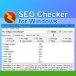 Screenshot of the SEO Checker for Windows interface displaying a URL and various data columns including Internal URLs, Links, Titles, and Descriptions with numeric values. This powerful SEO tool aids in improving website ranking by providing in-depth analysis and actionable insights.