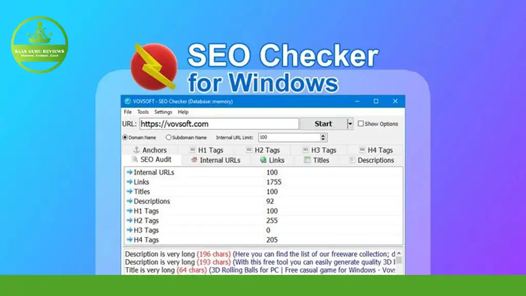 Screenshot of the SEO Checker for Windows interface displaying a URL and various data columns including Internal URLs, Links, Titles, and Descriptions with numeric values. This powerful SEO tool aids in improving website ranking by providing in-depth analysis and actionable insights.