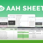 Image of a spreadsheet application interface with the text "AAH SHEET!" displayed prominently above it. The background is green, with an Aahsheet AI logo in the top left corner.