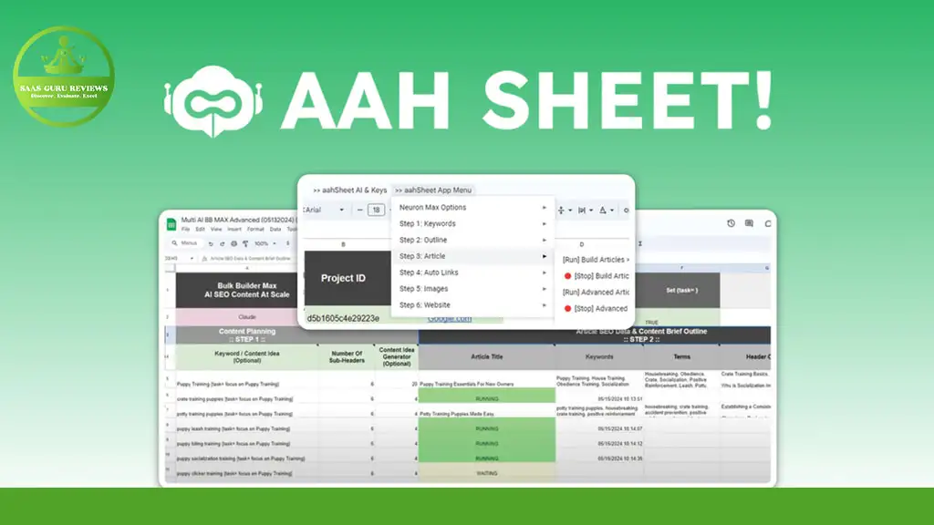 Image of a spreadsheet application interface with the text "AAH SHEET!" displayed prominently above it. The background is green, with an Aahsheet AI logo in the top left corner.