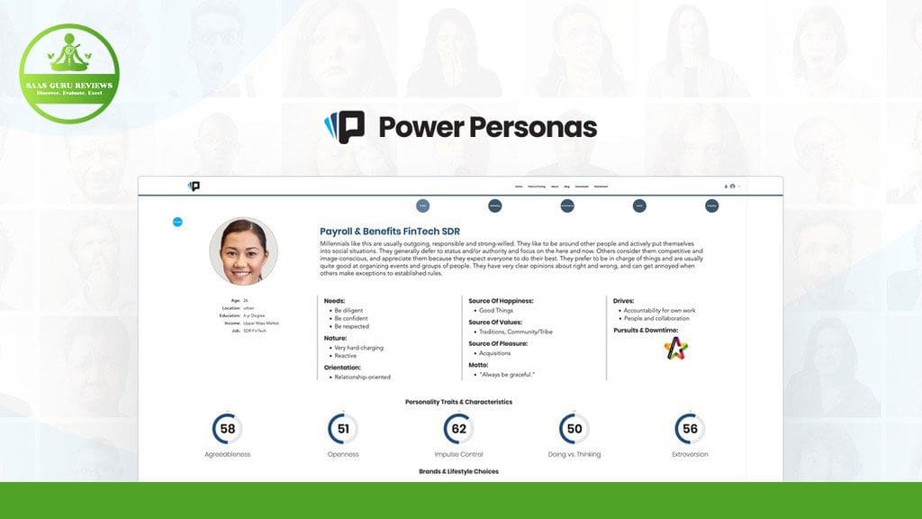 Screenshot of a detailed profile for a Payroll & Benefits FinTech SDR role on the Power Personas platform, showcasing sections for traits, sources of diligence, marketing potential, driving forces, and personality tools.