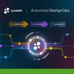 A diagram showcasing Quaant's DesignOps automation process. Source applications Adobe Illustrator, Figma, and Photoshop seamlessly sync design elements into WordPress and JavaScript destinations through graphic design, UI/UX design, and development stages, enabling efficient Figma integration for the product team.