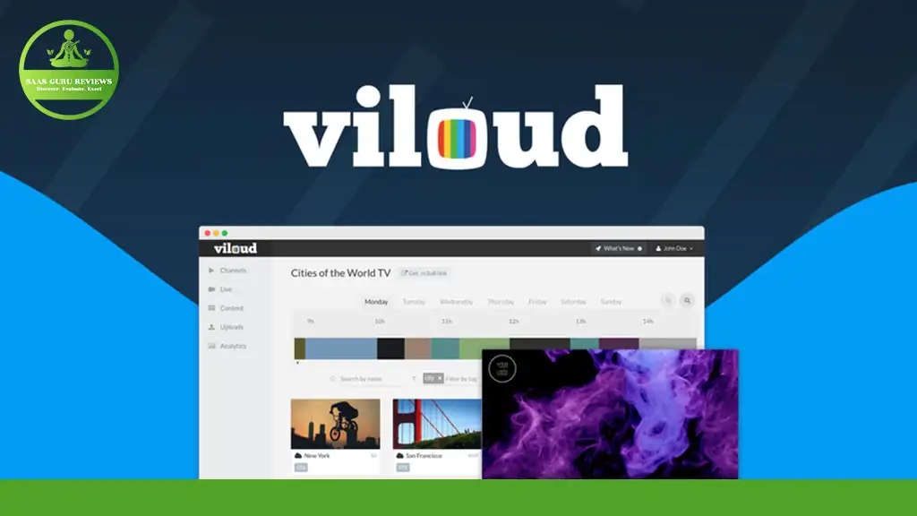 Screenshot of the Viloud 2024 platform with its logo at the top, showing a user interface for managing a Custom Online TV Channel, including various thumbnails of videos and navigation tabs on the left sidebar.
