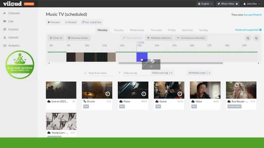 Screenshot of the content scheduling interface for "Music TV" on Viloud 2024 platform. The timeline, perfect for managing your custom online TV channel, shows video slots scheduled for various times of the day, with options to preview and live stream.