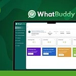 A laptop screen displaying the interface of the WhatBuddy application, showcasing essential features like WhatsApp Bots, Subscribers, and Broadcasts. The green background is highlighted by the WhatBuddy logo at the top, emphasizing business success through the power of WhatsApp Business API.