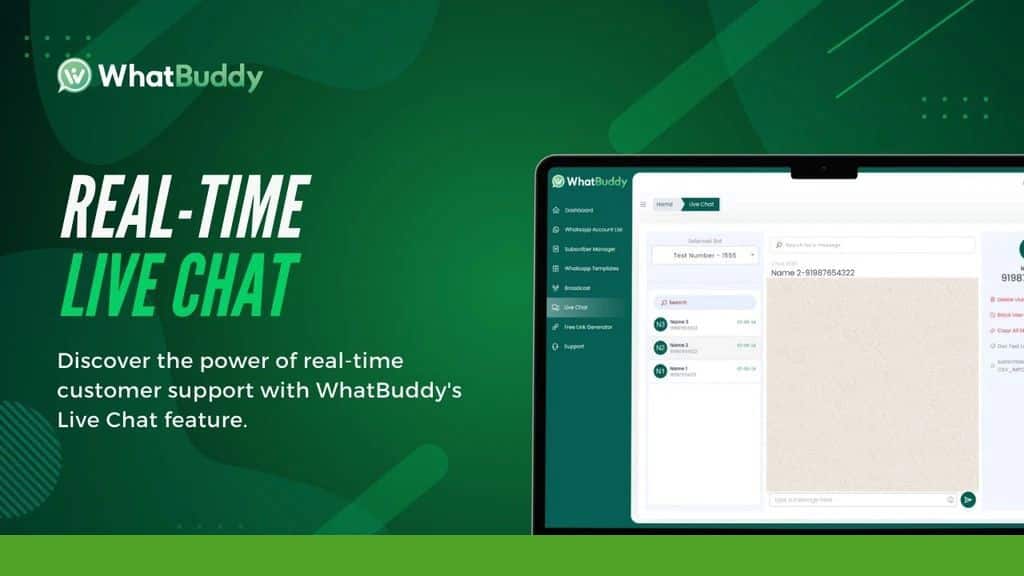         A promotional image for WhatBuddy's real-time live chat feature, showing a computer screen with an active chat window and menu options on a green background with the WhatBuddy logo, seamlessly integrating the power of WhatsApp Business API for streamlined business success.