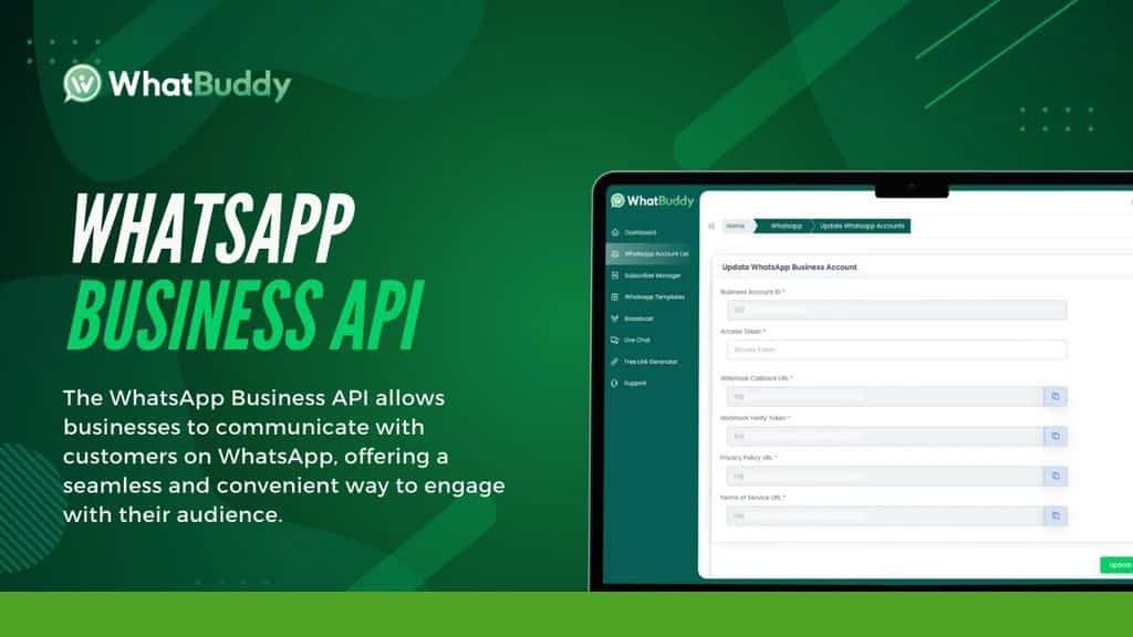 Image showing the WhatBuddy interface of the WhatsApp Business API on a laptop screen, detailing various settings. Text describes how this tool drives business success by enhancing communication between businesses and customers on WhatsApp.