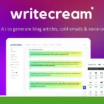 Screenshot of Writecream's interface on a laptop screen, with the tagline "Use A.I to generate blog articles, cold emails & voice-overs." The image features logos and interface elements of the AI Content Writer.