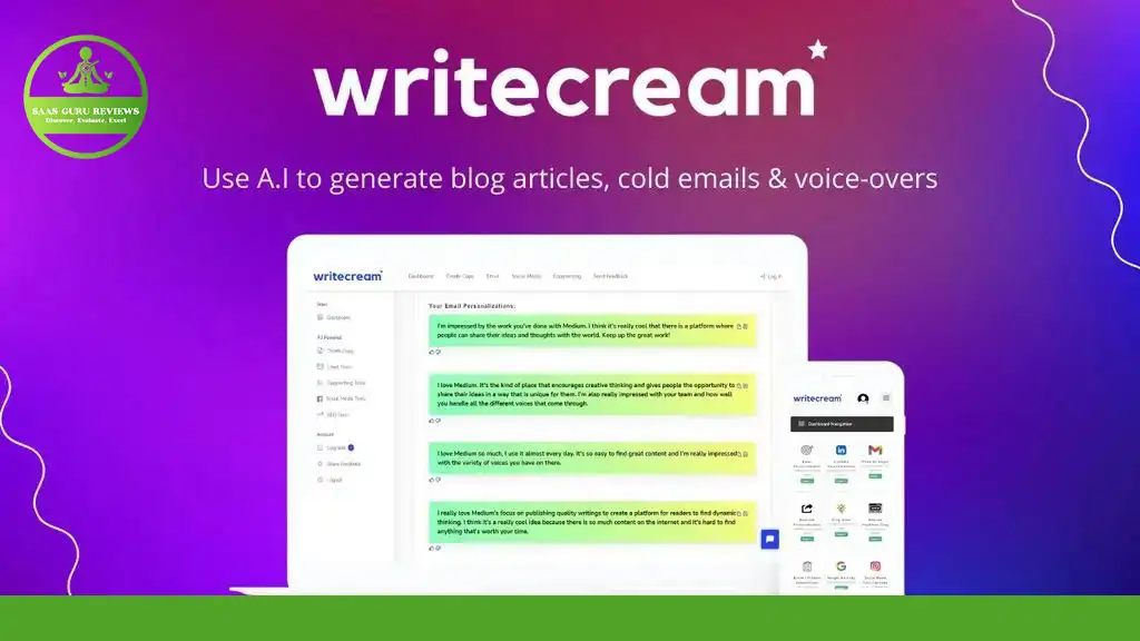 Screenshot of Writecream's interface on a laptop screen, with the tagline "Use A.I to generate blog articles, cold emails & voice-overs." The image features logos and interface elements of the AI Content Writer.