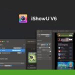 Screenshot showing the interface of iShowU V6 screen recording software on a Mac, with editing options, layers, and properties menu visible. The tool features advanced audio and video customization tools. Logo of "RaaOne Reviews" in the top left corner.