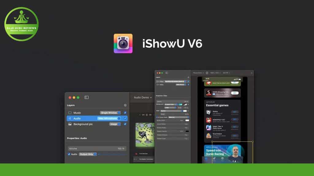 Screenshot showing the interface of iShowU V6 screen recording software on a Mac, with editing options, layers, and properties menu visible. The tool features advanced audio and video customization tools. Logo of "RaaOne Reviews" in the top left corner.