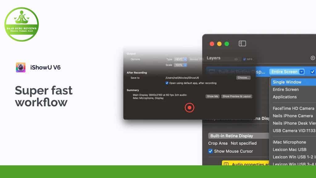 A screenshot displaying the iShowU V6 interface by ShinyWhiteBox, featuring options for screen recording and layer settings. The text on the left reads "Super fast workflow.