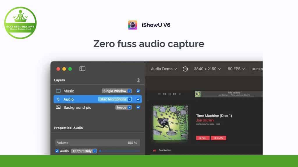 Screenshot of ShinyWhiteBox's iShowU V6 interface showing options for microphone and background pic, along with a music player on the right playing "Time Machine" by Joe Satriani. This robust screen recording tool captures every detail perfectly.