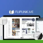 A digital magazine titled "Condo Collection" is displayed on a tablet screen with the website "fliplink.me" above. To the left, a circular logo is shown. A form to collect contact details and access exclusive deals with Viewflip Plus is on the right side.