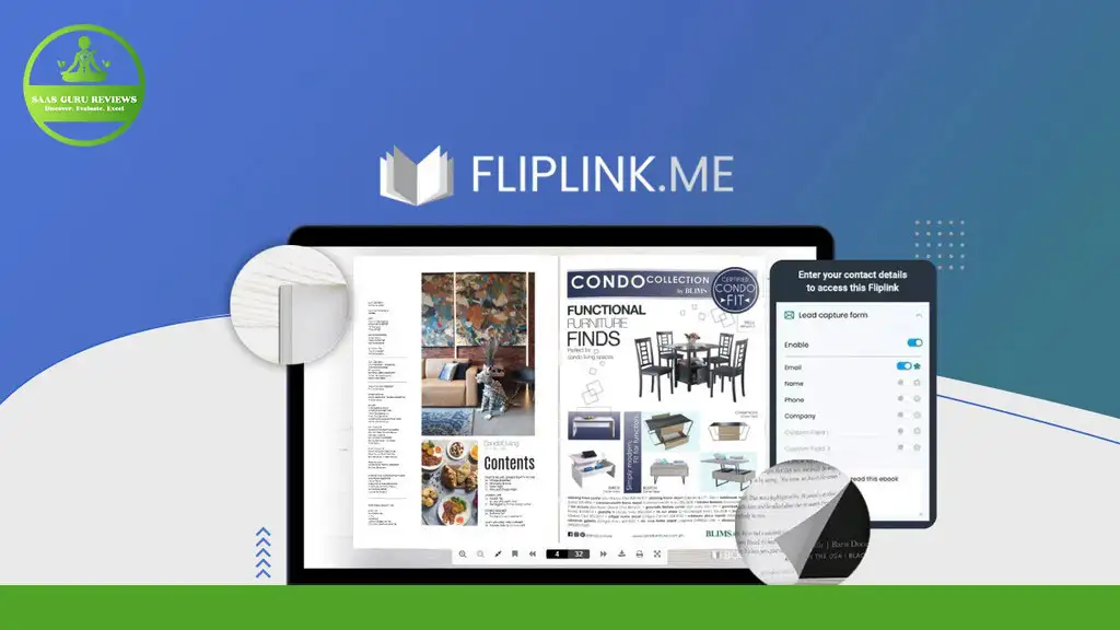 A digital magazine titled "Condo Collection" is displayed on a tablet screen with the website "fliplink.me" above. To the left, a circular logo is shown. A form to collect contact details and access exclusive deals with Viewflip Plus is on the right side.