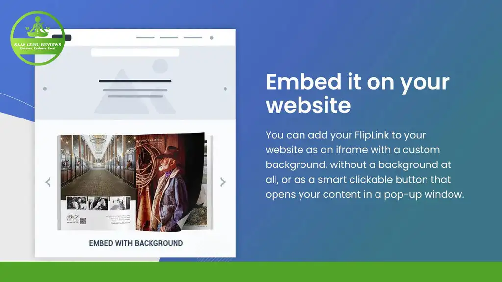 A webpage showcasing the 100% Viewflip Plus feature, which allows embedding content on a website with versatility. The embed options include with or without a background, or as a clickable button that opens in a pop-up window for exclusive deals.
