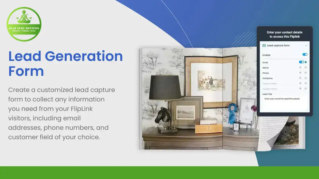 A slide showcasing a lead generation form by Viewflip, designed for collecting email addresses and phone numbers from visitors, complete with an image of the form against a decorative background. Discover exclusive deals through seamless remote solutions.