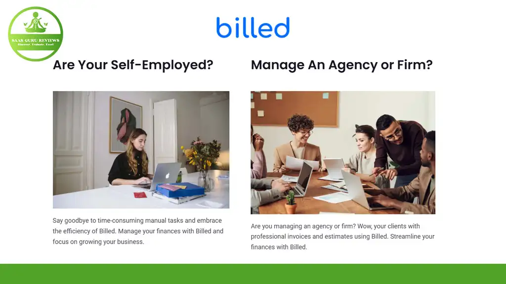 An image promoting Billed. Left side: a person at a desk with a laptop using easy invoicing. Right side: a group discussion at a table. Text highlights benefits for self-employed individuals and agencies to get paid faster.